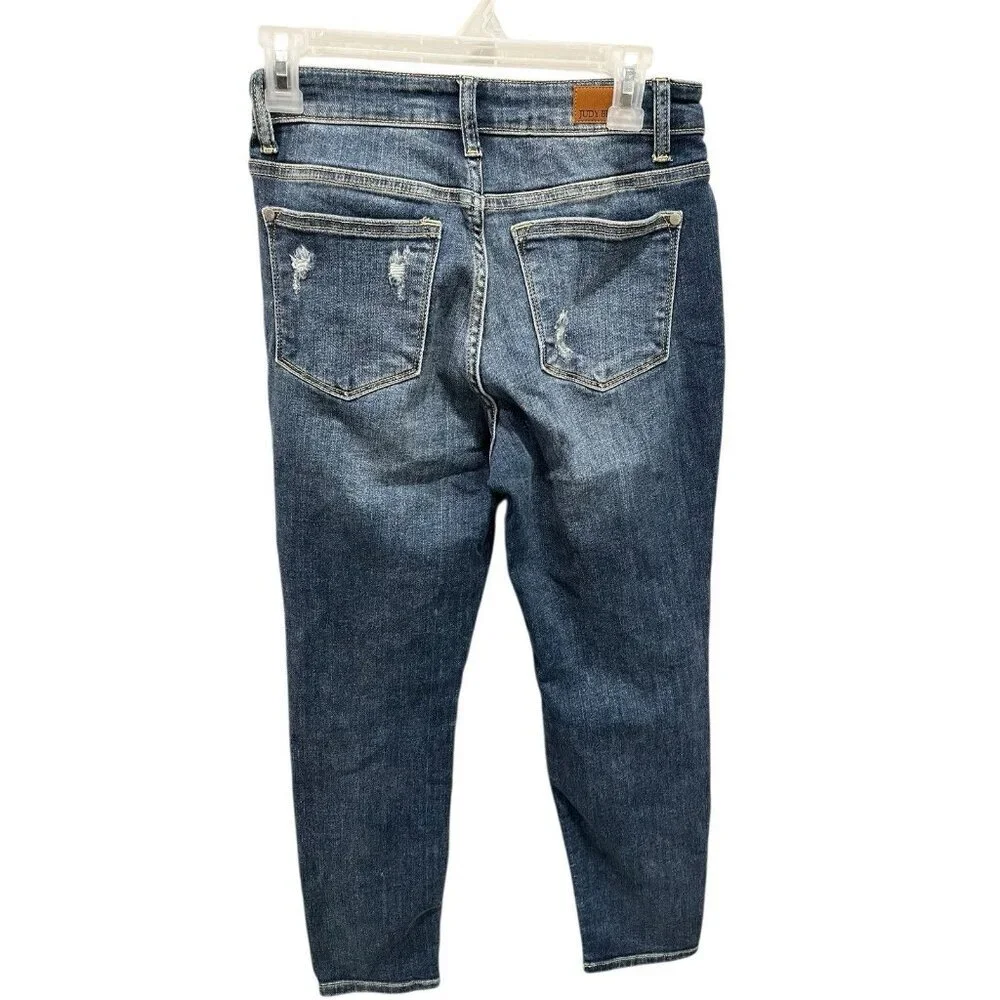 Judy Blue Women's 3/26 Boyfriend Fit Dark Wash Distressed Slim-Fit Denim Jeans